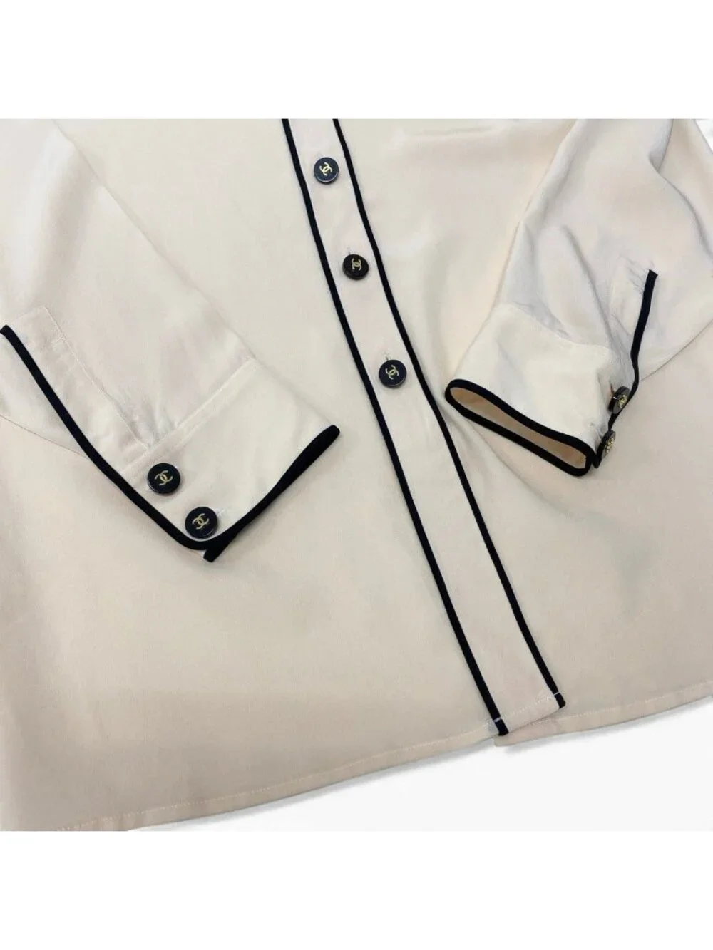 Chanel Long Sleeve Shirt CC Logo Button 38 Ivory Black Silk 100%